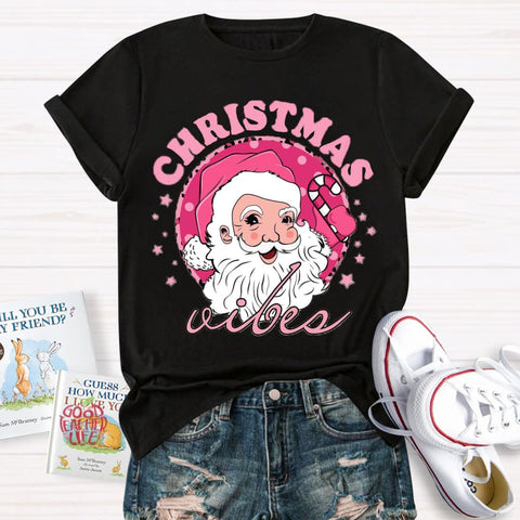 Christmas Vibes Pink Santa Claus T-Shirt