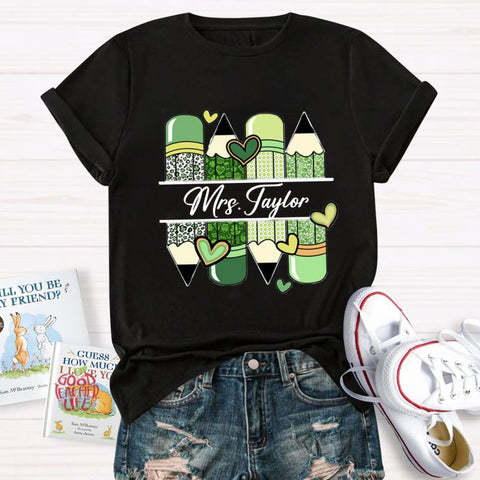 Personalized Name Green Heart Pencil Teacher T-Shirt