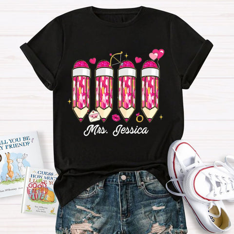 Personalized Name Pink Pencil Teacher T-Shirt