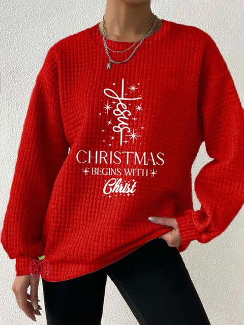 Women's Christmas Begins With Jesus Print Button Back Casual Knitted Shirt