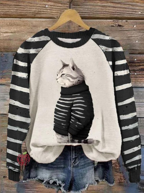 Winter Cat Art Pattern Print Casual Sweatshirt