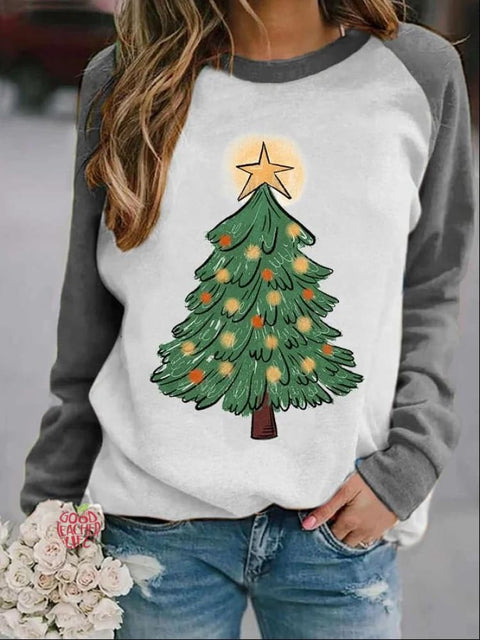 Women's Lovely Christmas Tree Art Print Casual Long Sleeve Sweatshirt