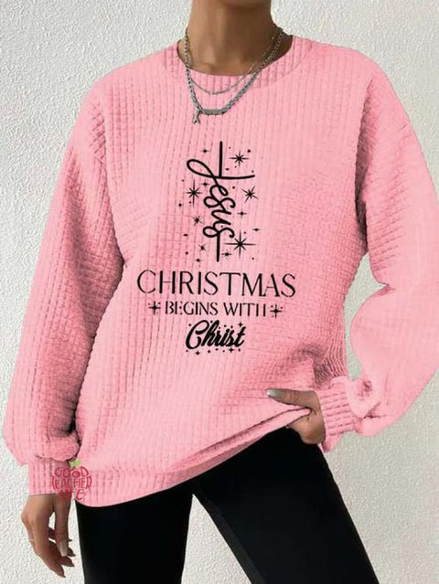 Women's Christmas Begins With Jesus Print Button Back Casual Knitted Shirt