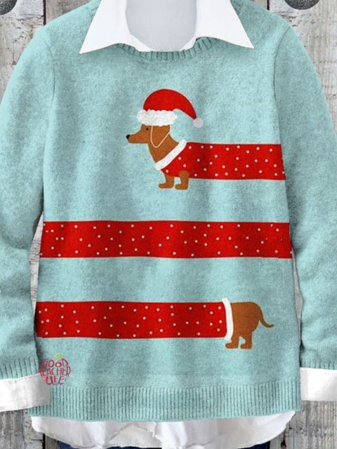 Cute Dachshund Dog Lover Christmas Art Print Knit Pullover Sweater