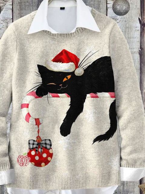 Black Cat Christmas Art Print Knit Pullover Sweater