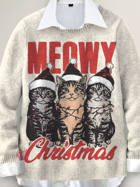 Meowy Christmas Funny Cat Lover Art Print Knit Pullover Sweater