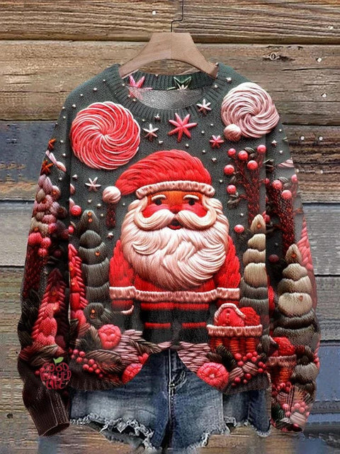 Christmas Cute Santa Decorations Art Print Casual Knit Pullover Sweater