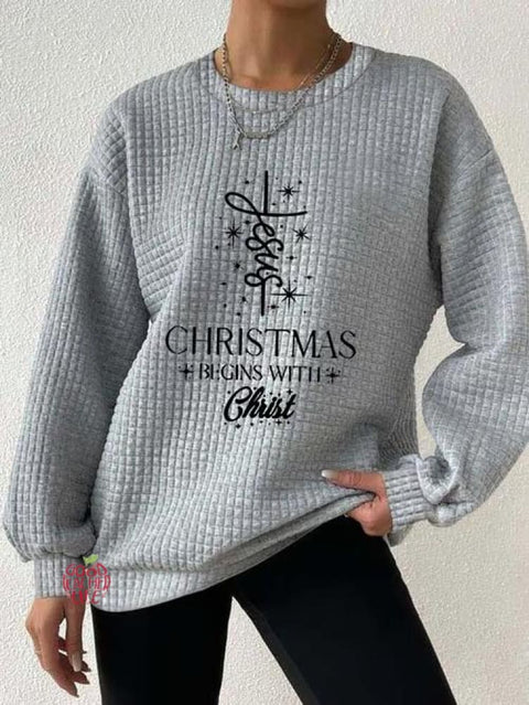 Women's Christmas Begins With Jesus Print Button Back Casual Knitted Shirt