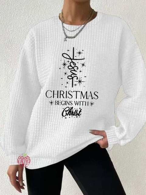 Women's Christmas Begins With Jesus Print Button Back Casual Knitted Shirt