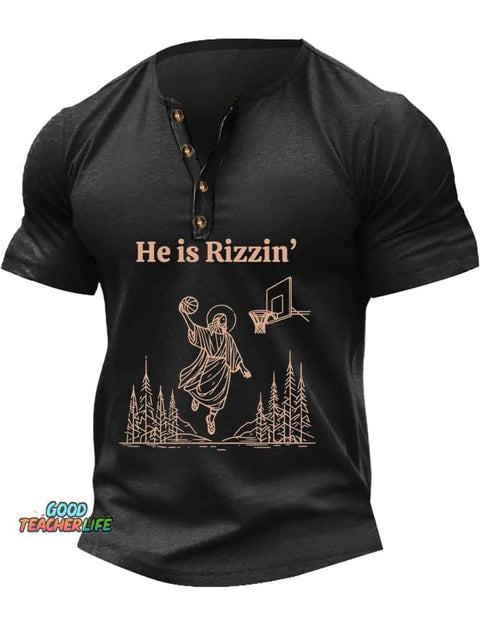 Men's He Is Rizzin' Funny Christ Easter Art Printed Henley Casual T-Shirt