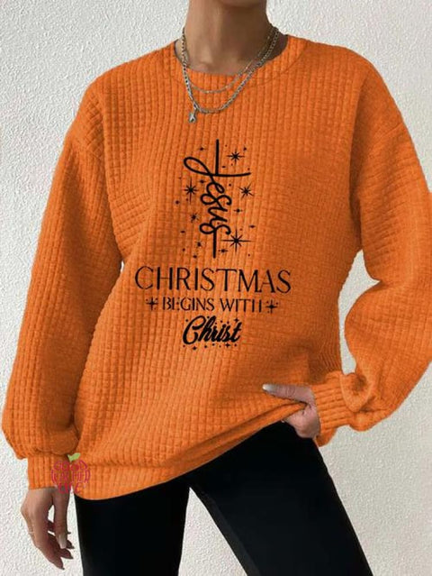 Women's Christmas Begins With Jesus Print Button Back Casual Knitted Shirt