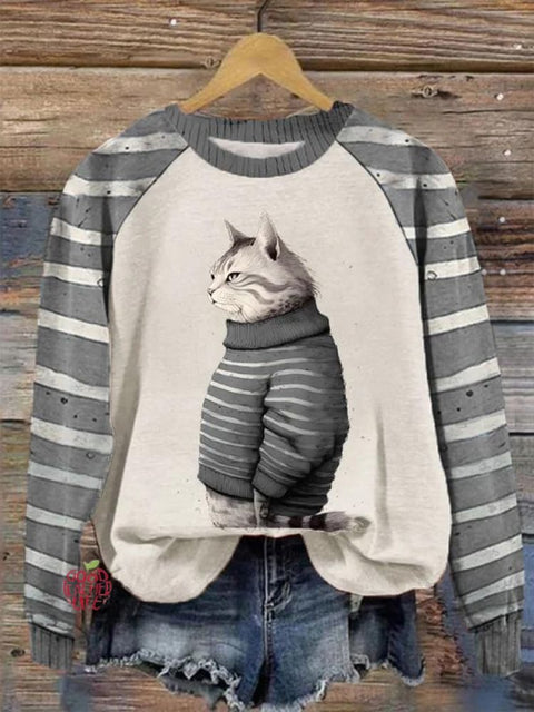 Winter Cat Art Pattern Print Casual Sweatshirt