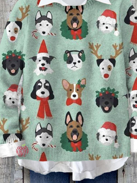 Cute Christmas Dog Lover Art Print Knit Pullover Sweater