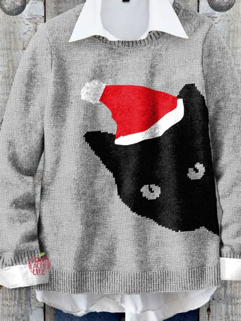 Christmas Black Cat Art Print Knit Pullover Sweater