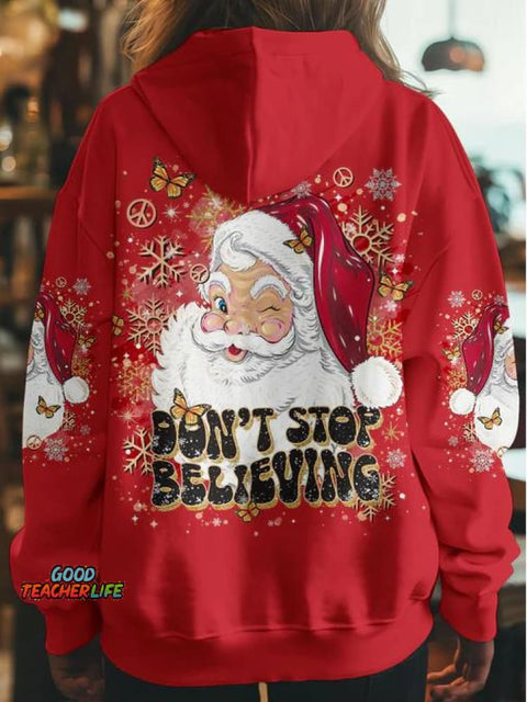 Women's Don't Stop Believing Christmas All Over Print Casual Hoodie Sweatshirt