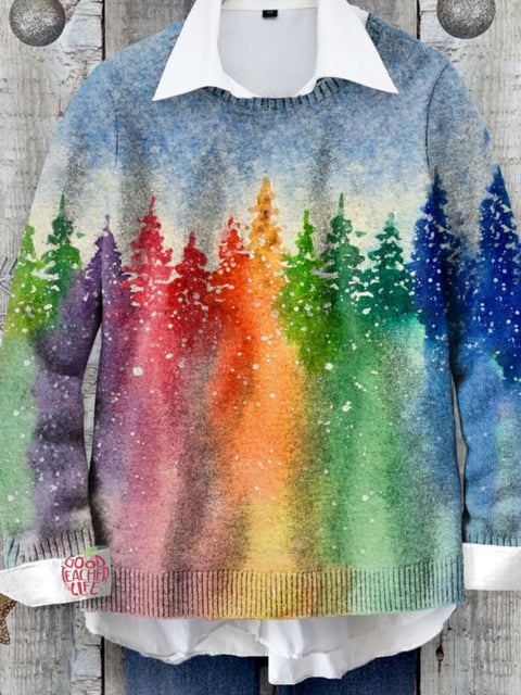 Rainbow Christmas Tree Art Print Knit Pullover Sweater