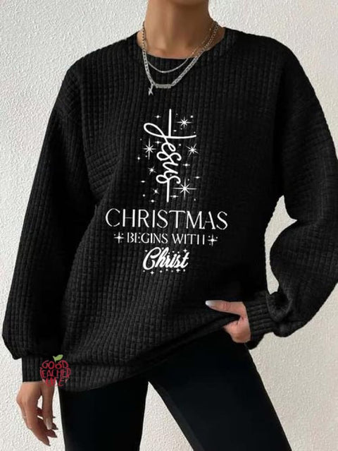 Women's Christmas Begins With Jesus Print Button Back Casual Knitted Shirt