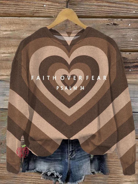 Faith Over Fear Psalm 34 Christian Printed Long Sleeve Casual Top