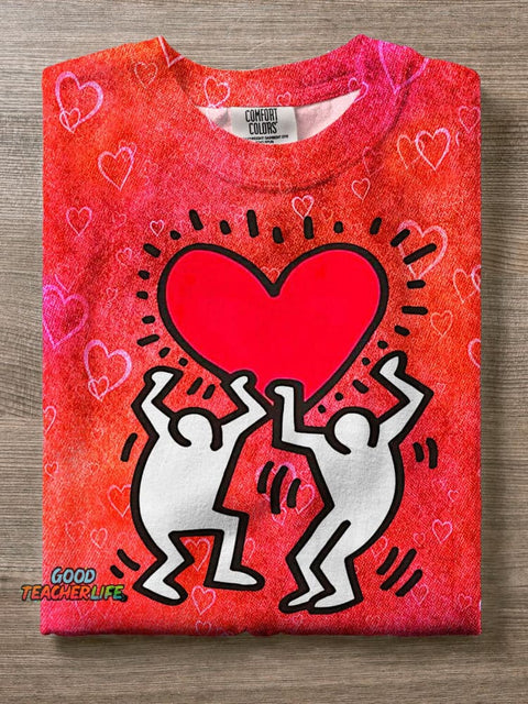 Simple And Cute Valentine's Day Villain Love Printed Crew Neck T-shirt
