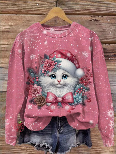 Cute Christmas Cat Pink Printed Long Sleeve Casual Top