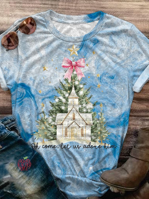 Oh Come Let Us Adove Him Cute Christmas Tree Print T-shirt