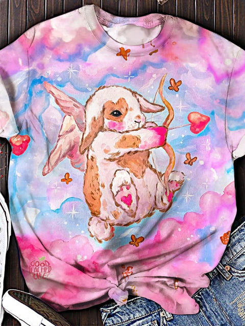 Valentine's Day Cupid Rabbit Print Crew Neck T-shirt