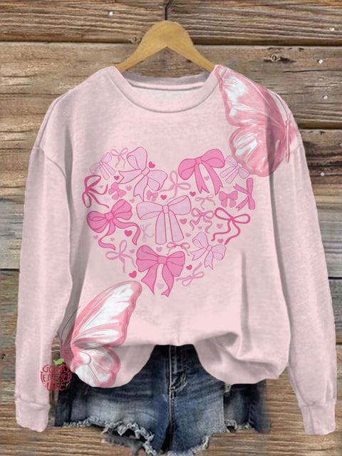 Pink Bufferfly Coquette Valentine Heart Printed Long Sleeve Casual Top