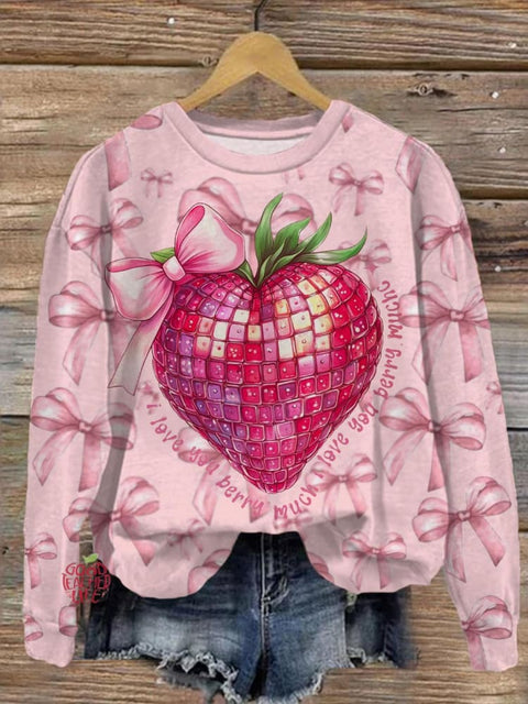 I Love You Berry Much Valentines Printed Long Sleeve Casual Top