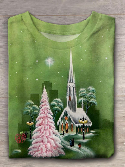 Glittery Snowy Church Crew Neck T-shirt