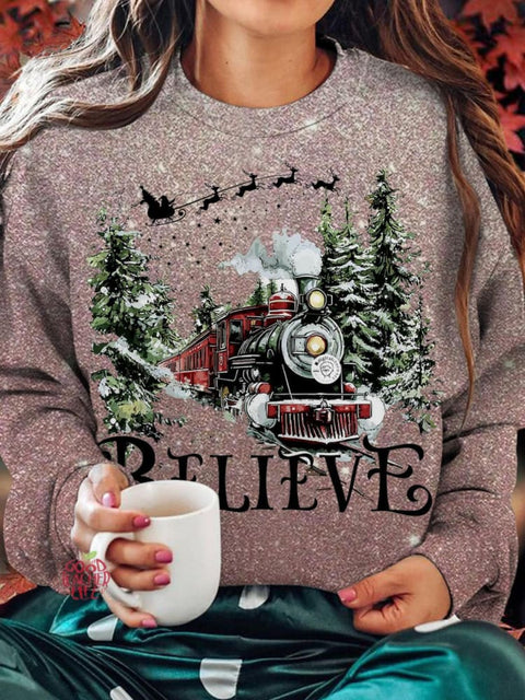 Believe Christmas North Pole Printed Long Sleeve Casual Top