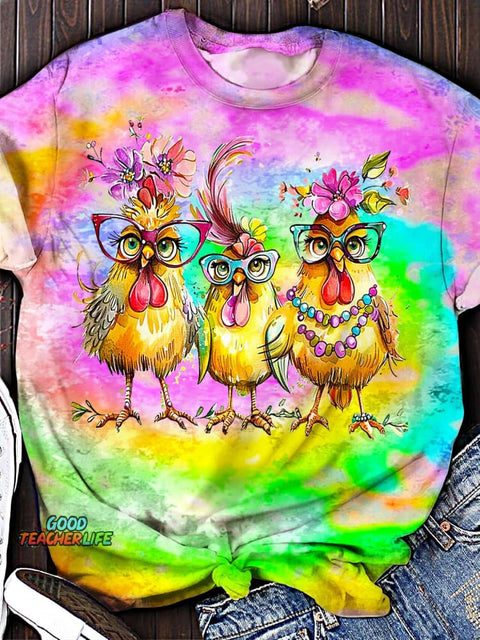 Retro Valentine Sisters Chick PrintCrew Neck T-shirt
