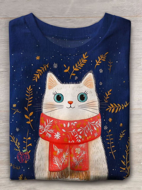 Women's Cute Cat Winter Cartoon Print Casual T-shirt