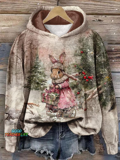 Winter Miss Bunny Forest Retro Print Long Sleeve Top