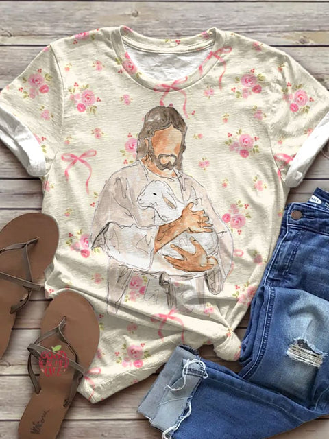 Women's Petal Jesus Print Crew Neck T-shirt