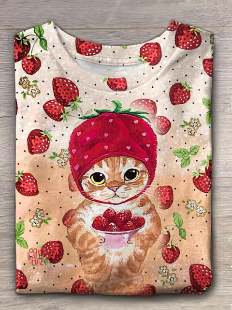 Women's Valentine's Day Strawberry Cat Print Crew Neck T-shirt