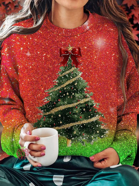 Christmas Snow And Tree Printed Long Sleeve Casual Top