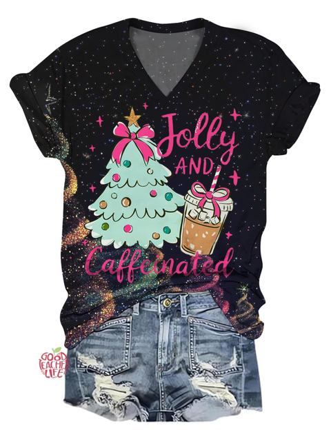 To Be Jolly & Caffeinated Christmas V-Neck T-Shirt