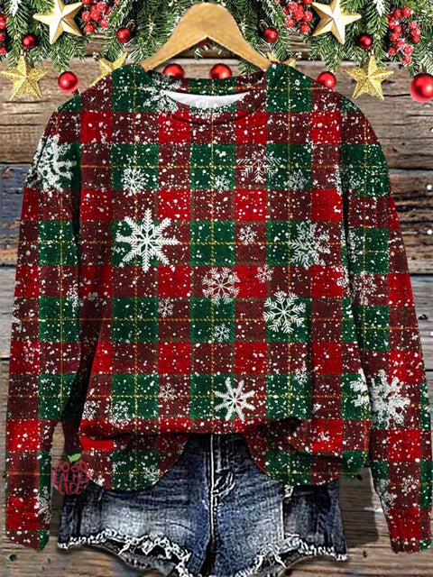 Women's Christmas Plaid Snowflake Printed Long Sleeve Casual Top