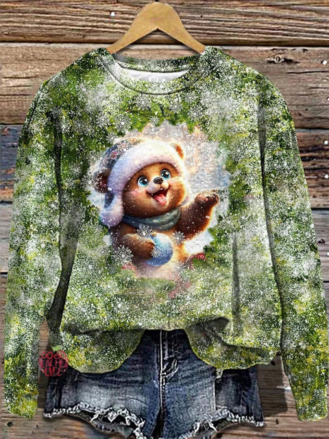 Women's Winter Pine Bear Printed Long Sleeve Casual Top