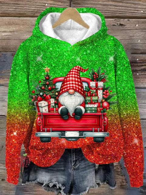 Christmas Gnome And Truck Long Sleeve Printed Hoodie