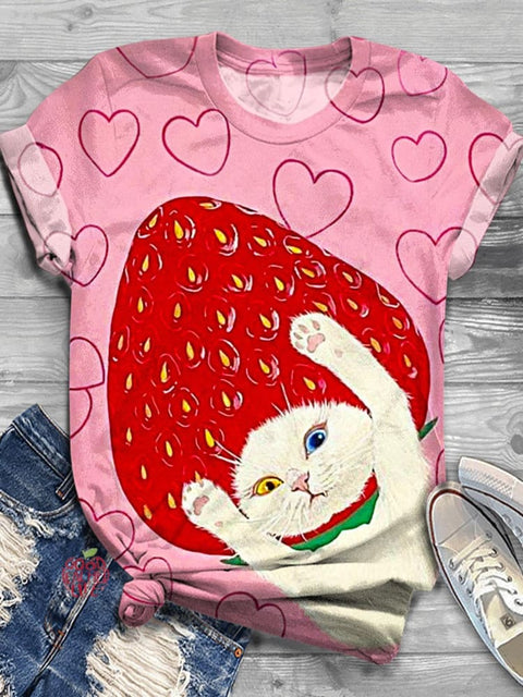 Women's Valentine's Day Strawberry Kitten Crew Neck T-shirt