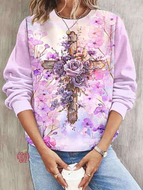 Women's Floral Jesus Cross Print Long Sleeve Casual Top