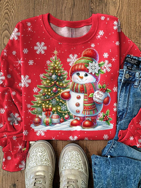 Women's Winter Christmas Snowflake Snowman Printed Long Sleeve Casual Top