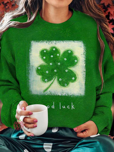 Good Luck Leaf Clover Printed Long Sleeve Casual Top