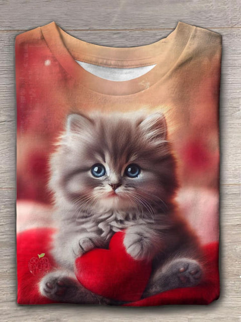 Cute Cat Love Valentine's Day Crew Neck T-shirt