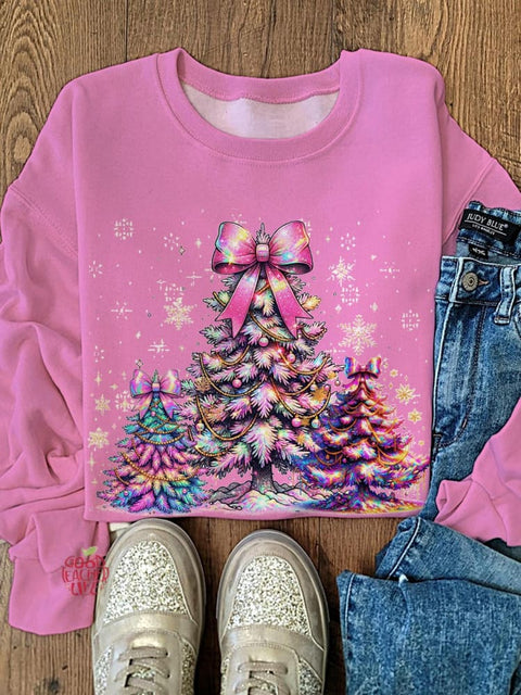 Cute Coquette Christmas Tree Printed Long Sleeve Casual Top