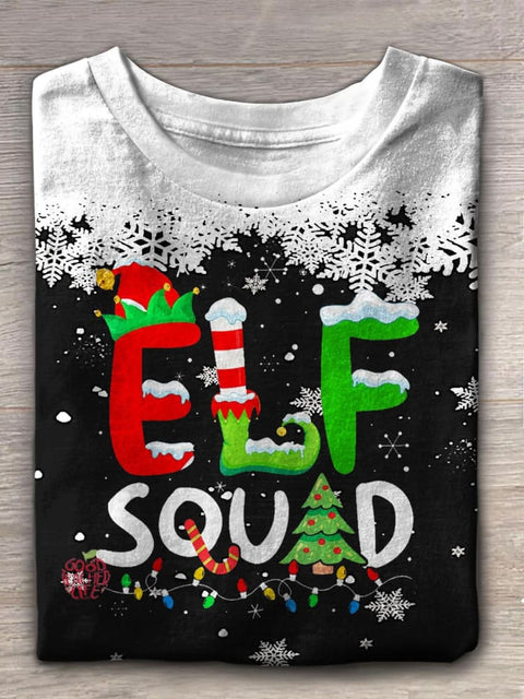 Family Christmas Elf Print Crew Neck T-shirt