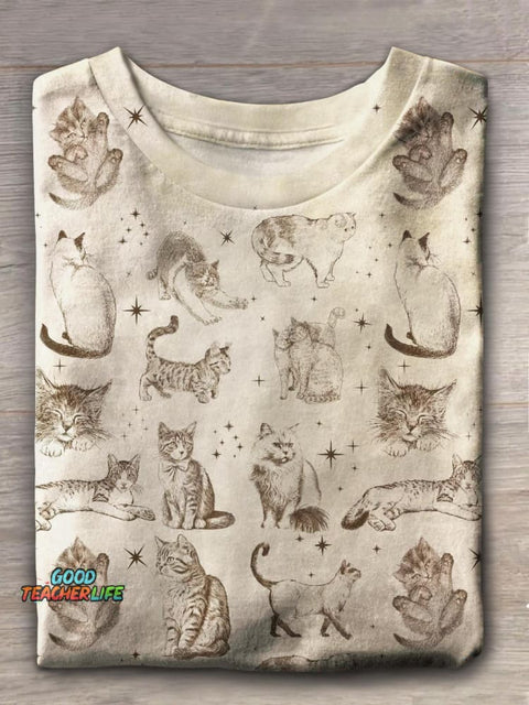 Retro Cats Print Crew Neck T-shirt