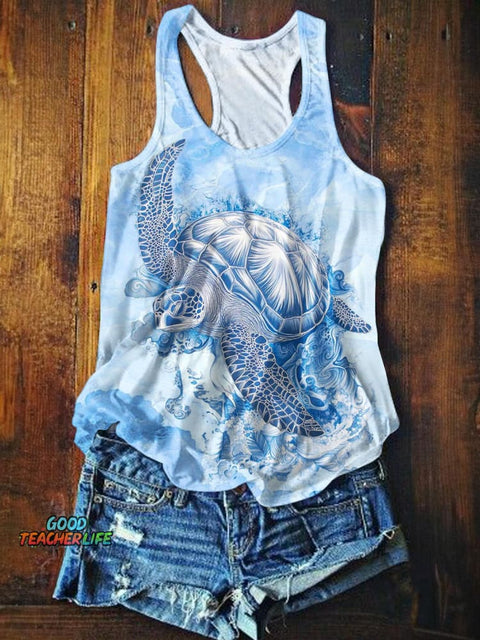 Cute Turtle Print Casual Tank Top
