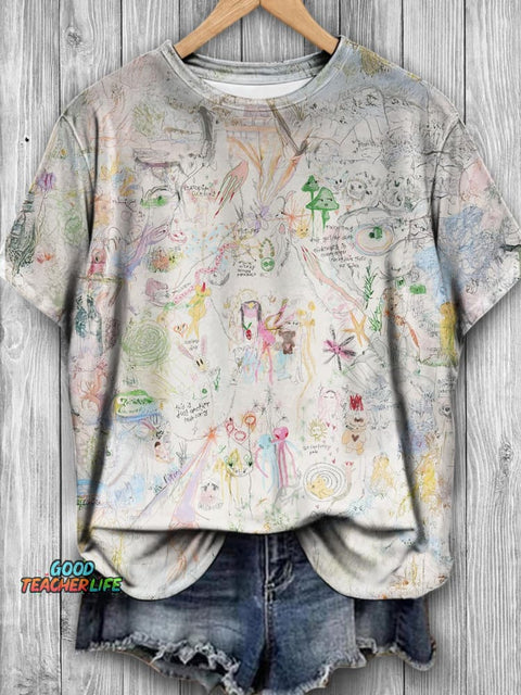 Women's Childish Monster Hand Painted Graffiti Art Print Casual T-shirt